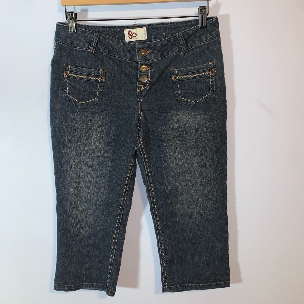 So Women's Blue Jeans low rise capri pants size 11 zig zag stitching vintage Y2K